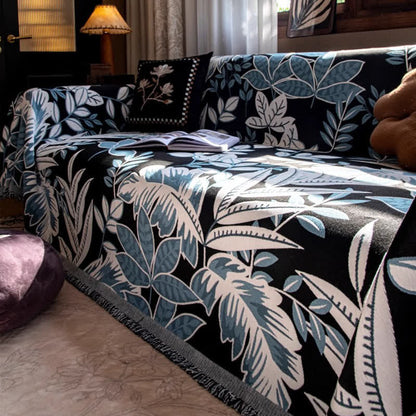 Housse de canapé en chenille à pompons style vintage « Forêt tropicale »