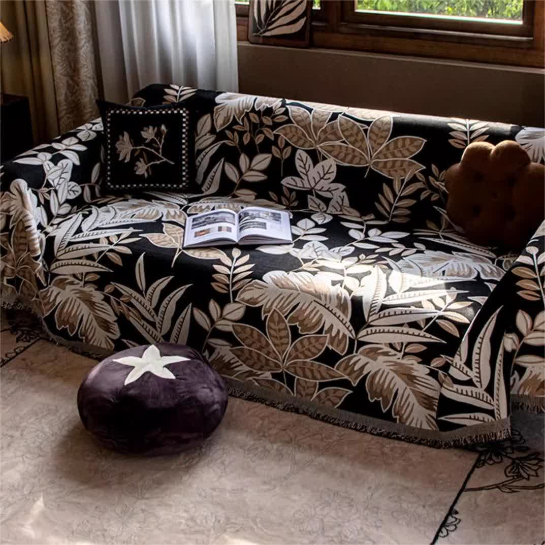 Housse de canapé en chenille à pompons style vintage « Forêt tropicale »