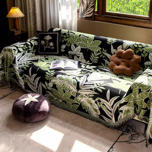 Housse de canapé en chenille à pompons style vintage « Forêt tropicale »