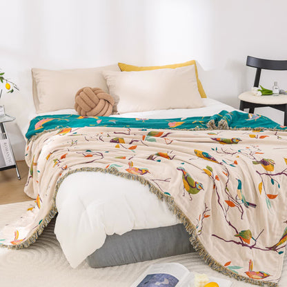 Couette en gaze de coton avec pompons d'oiseaux pastoraux