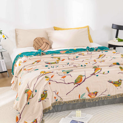 Couette en gaze de coton avec pompons d'oiseaux pastoraux