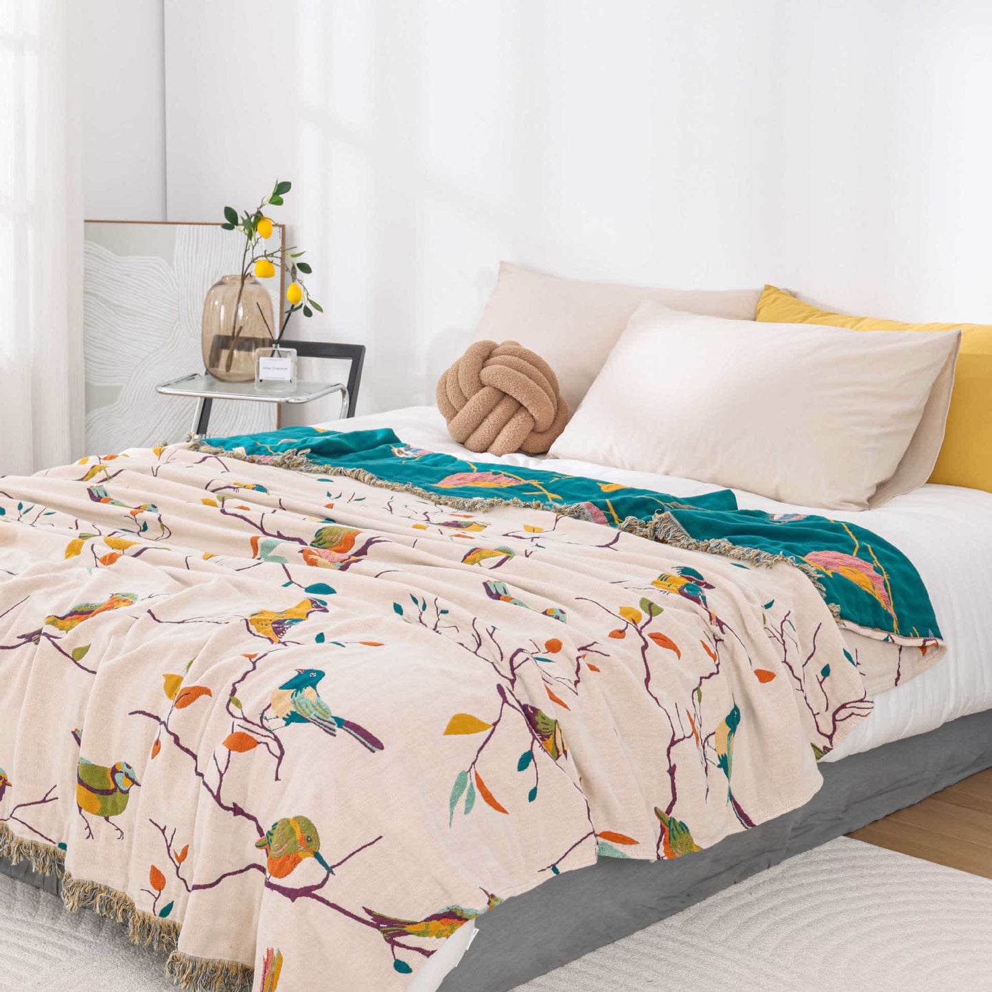 Couette en gaze de coton avec pompons d'oiseaux pastoraux