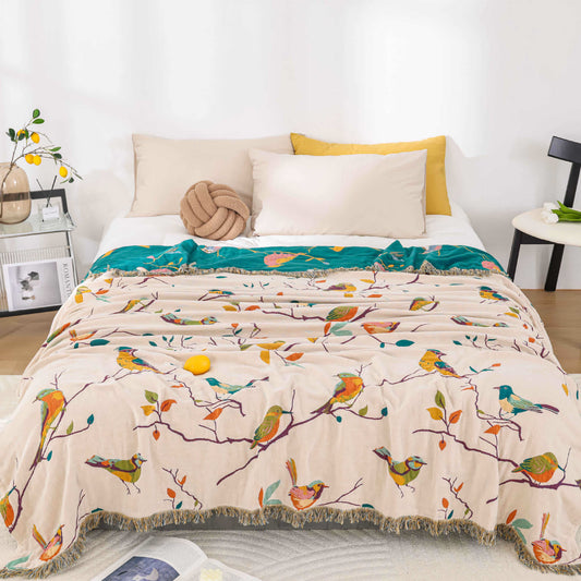Couette en gaze de coton avec pompons d'oiseaux pastoraux