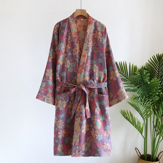 Peignoir de style rétro à motif jacquard et imprimé floral en gaze de coton