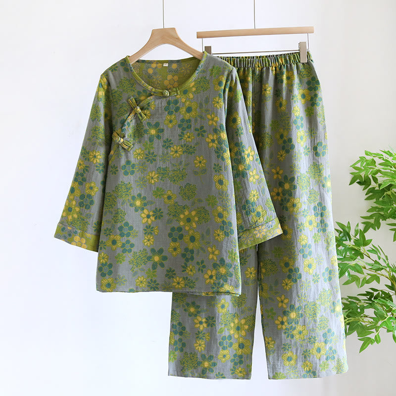 Ensemble de nuit en pur coton teint en fil à motif floral - Gris et vert - XL - image 1