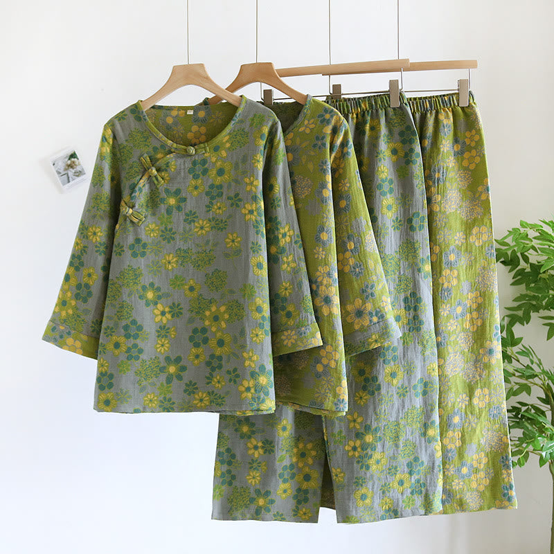 Ensemble de nuit en pur coton teint en fil à motif floral - image 0