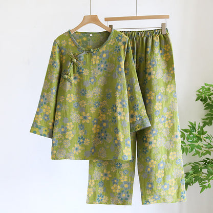 Ensemble de nuit en pur coton teint en fil à motif floral - Vert - XL - image 9