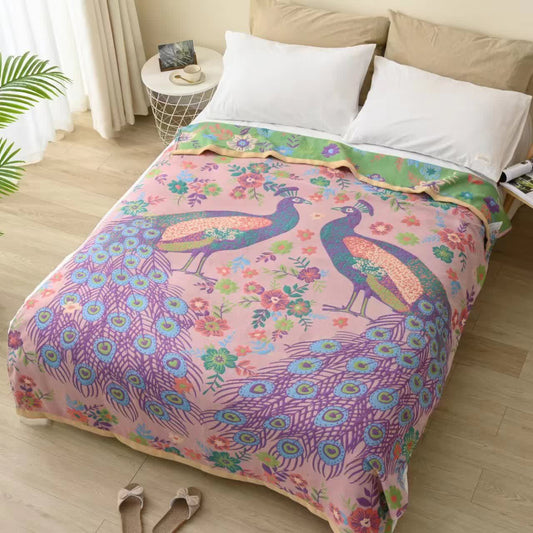 Élégante couverture en gaze de coton avec motif paon et floral