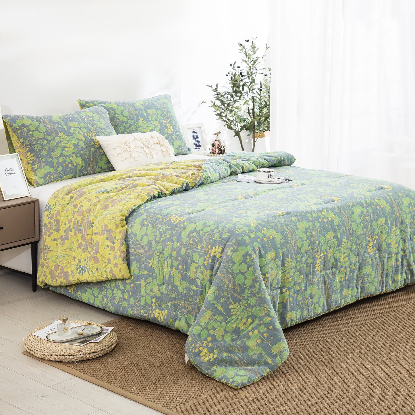 Linge de lit en gaze de coton avec motif étang de lotus