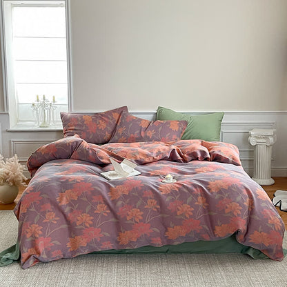 Parure de lit en gaze de coton à motif lotus pastoral (4 pièces)