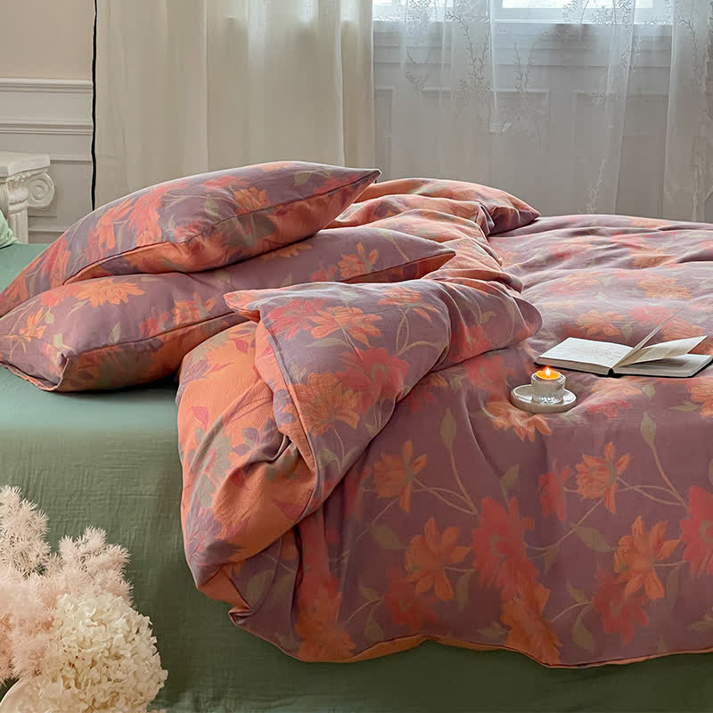 Parure de lit en gaze de coton à motif lotus pastoral (4 pièces)