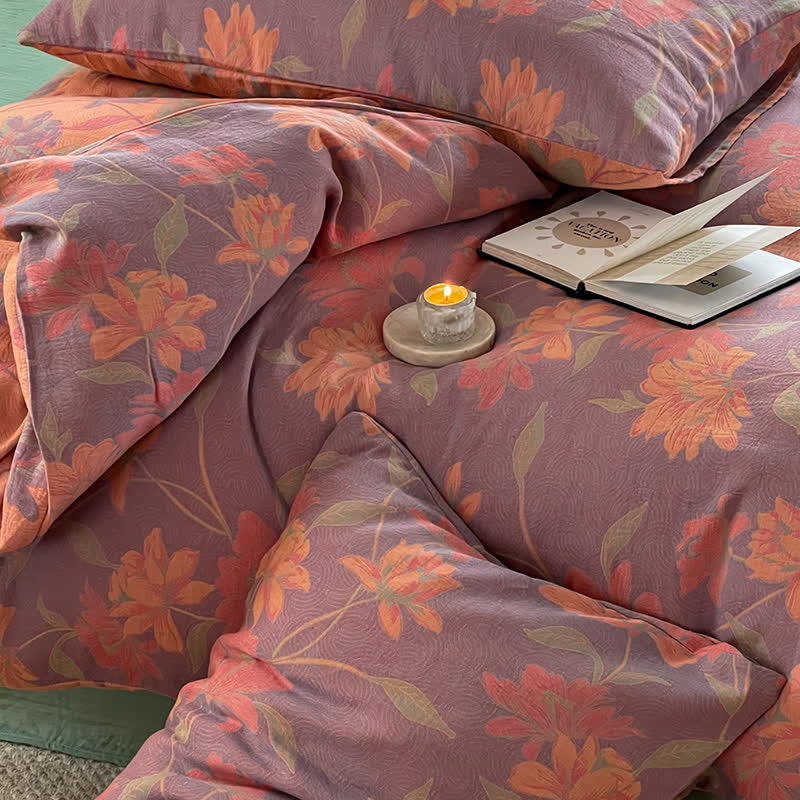 Parure de lit en gaze de coton à motif lotus pastoral (4 pièces)
