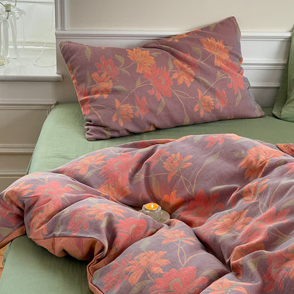 Parure de lit en gaze de coton à motif lotus pastoral (4 pièces)