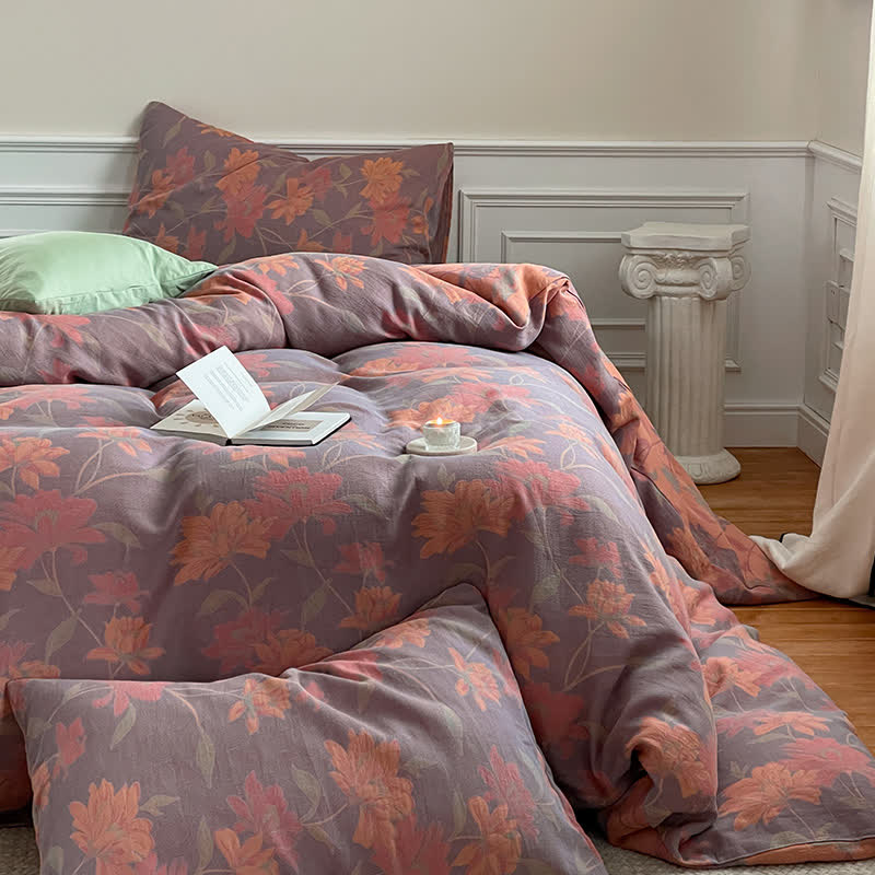 Parure de lit en gaze de coton à motif lotus pastoral (4 pièces)