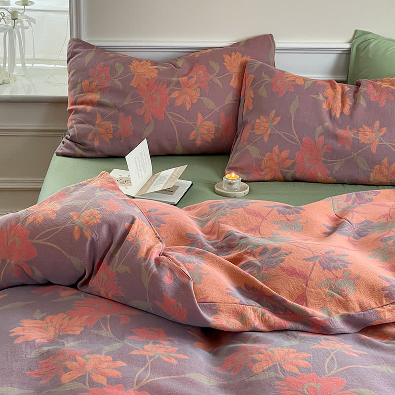 Parure de lit en gaze de coton à motif lotus pastoral (4 pièces)