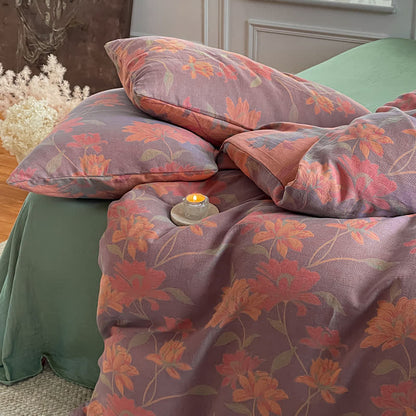 Parure de lit en gaze de coton à motif lotus pastoral (4 pièces)