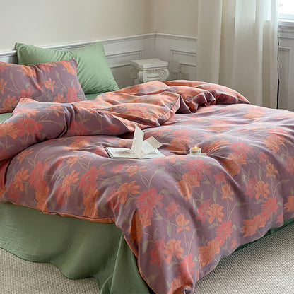 Parure de lit en gaze de coton à motif lotus pastoral (4 pièces)