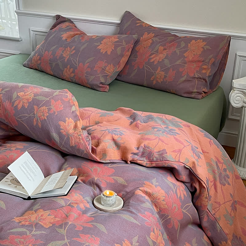 Parure de lit en gaze de coton à motif lotus pastoral (4 pièces)