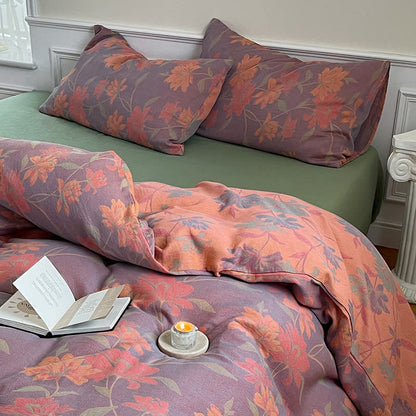 Parure de lit en gaze de coton à motif lotus pastoral (4 pièces)