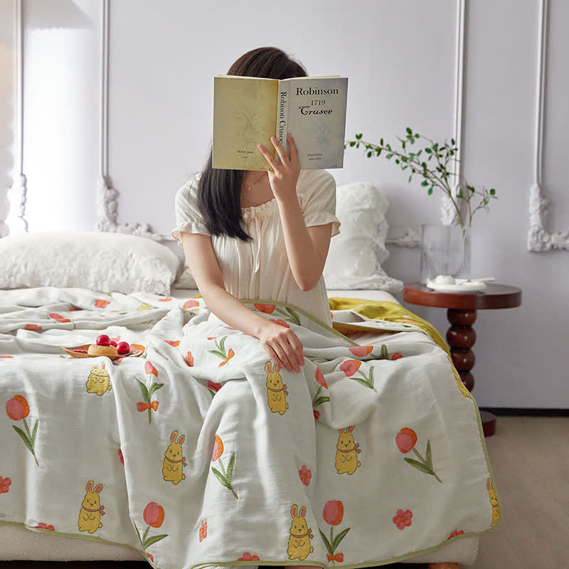 Couette d'été en fibre lyocell avec motif tulipe et lapin
