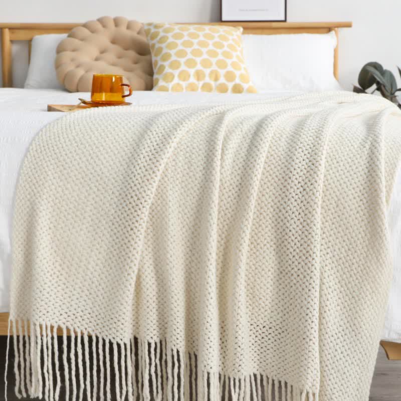 Ownkoti – Couverture tricotée simple et unie avec pompons