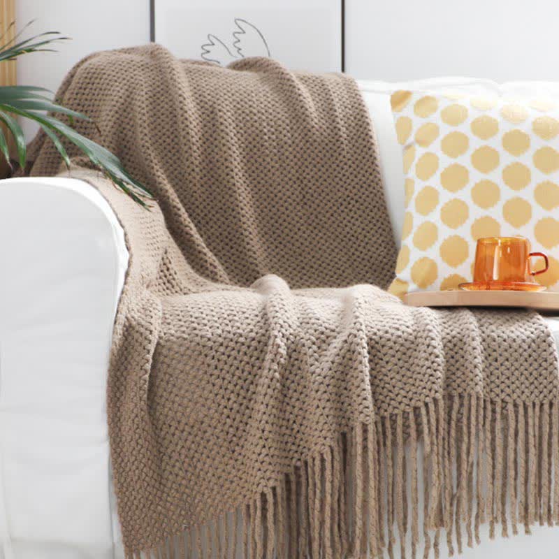 Ownkoti – Couverture tricotée simple et unie avec pompons
