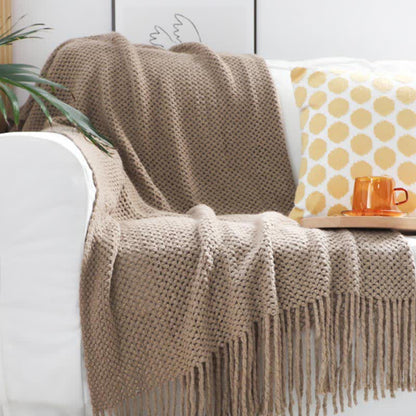 Ownkoti – Couverture tricotée simple et unie avec pompons