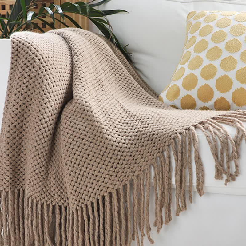 Ownkoti – Couverture tricotée simple et unie avec pompons