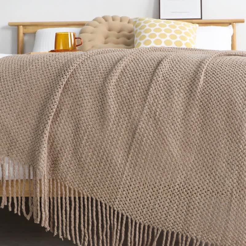 Ownkoti – Couverture tricotée simple et unie avec pompons