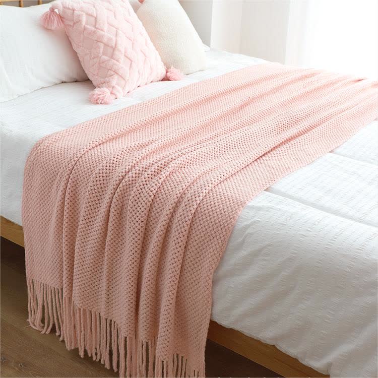 Ownkoti – Couverture tricotée simple et unie avec pompons