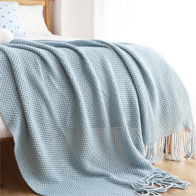 Ownkoti – Couverture tricotée simple et unie avec pompons