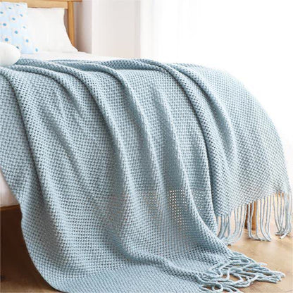 Ownkoti – Couverture tricotée simple et unie avec pompons