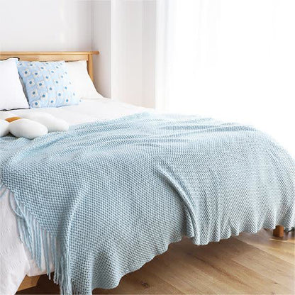 Ownkoti – Couverture tricotée simple et unie avec pompons