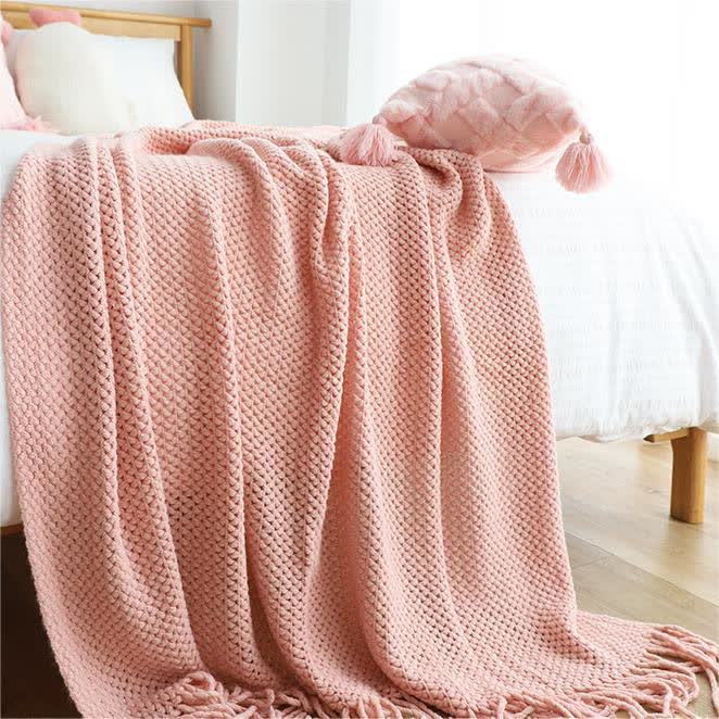 Ownkoti – Couverture tricotée simple et unie avec pompons