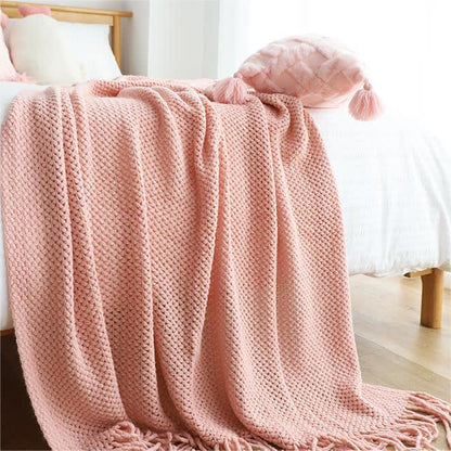 Ownkoti – Couverture tricotée simple et unie avec pompons