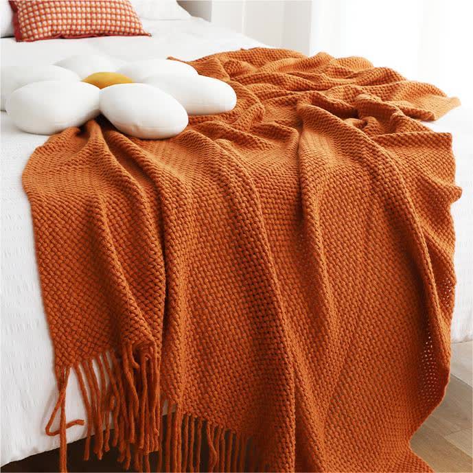 Ownkoti – Couverture tricotée simple et unie avec pompons
