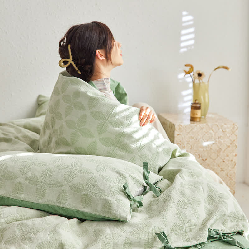 Parure de lit en gaze de coton avec lien jacquard (4 pièces)