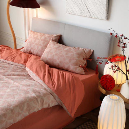 Parure de lit en gaze de coton avec lien jacquard (4 pièces)