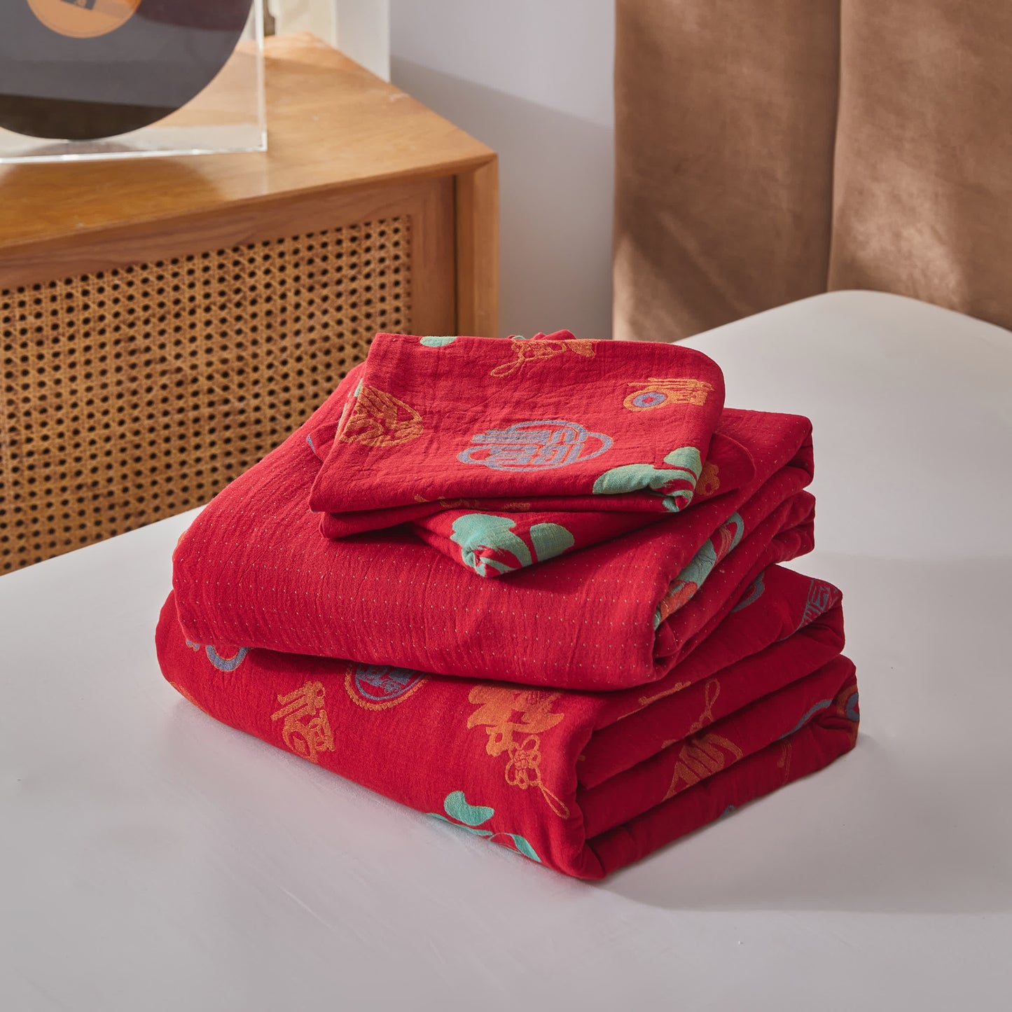 Parure de lit en gaze de coton avec caractères chinois (4 pièces)