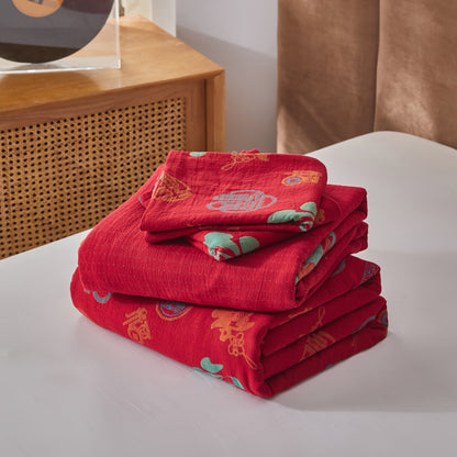 Parure de lit en gaze de coton avec caractères chinois (4 pièces)