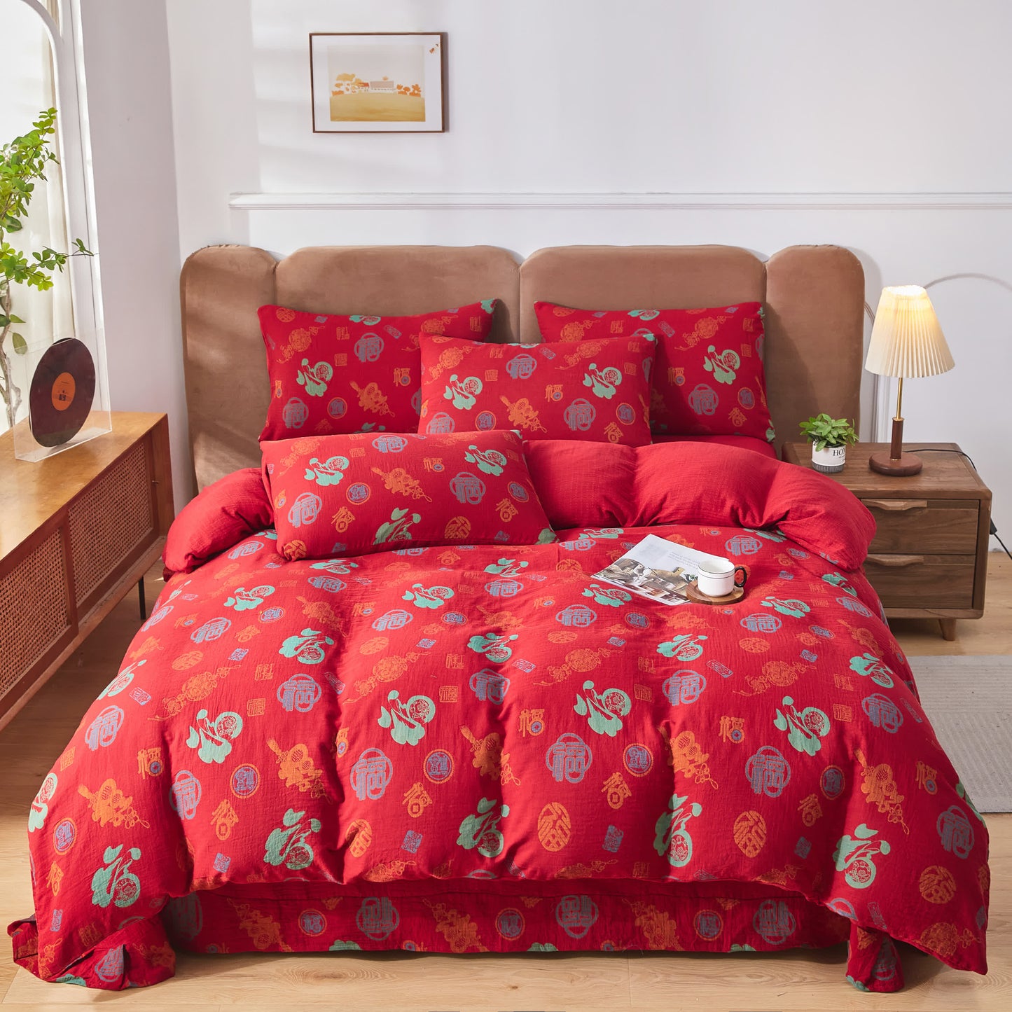 Parure de lit en gaze de coton avec caractères chinois (4 pièces)