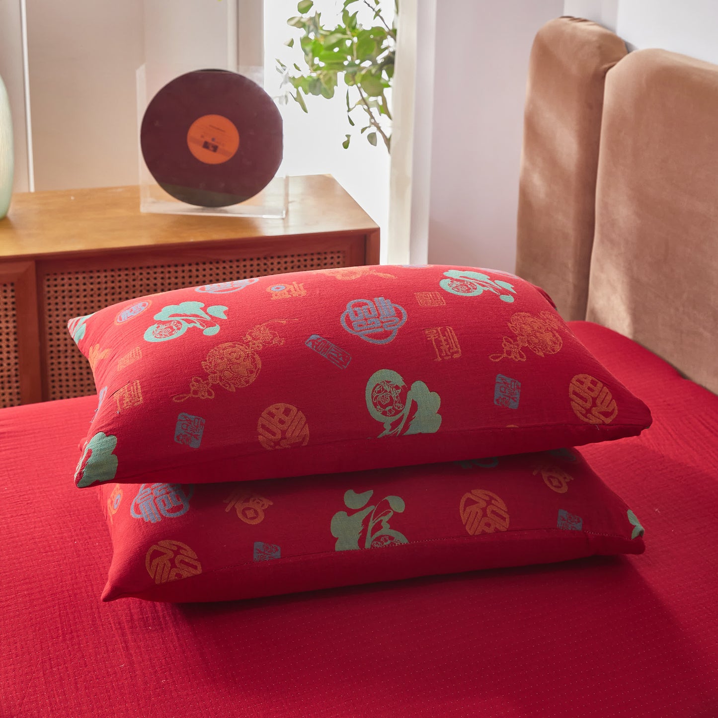 Parure de lit en gaze de coton avec caractères chinois (4 pièces)