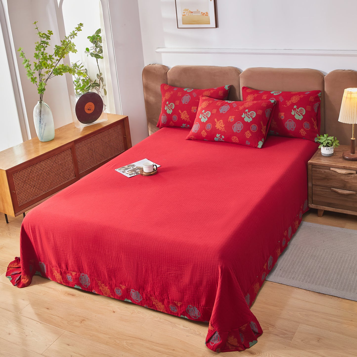 Parure de lit en gaze de coton avec caractères chinois (4 pièces)