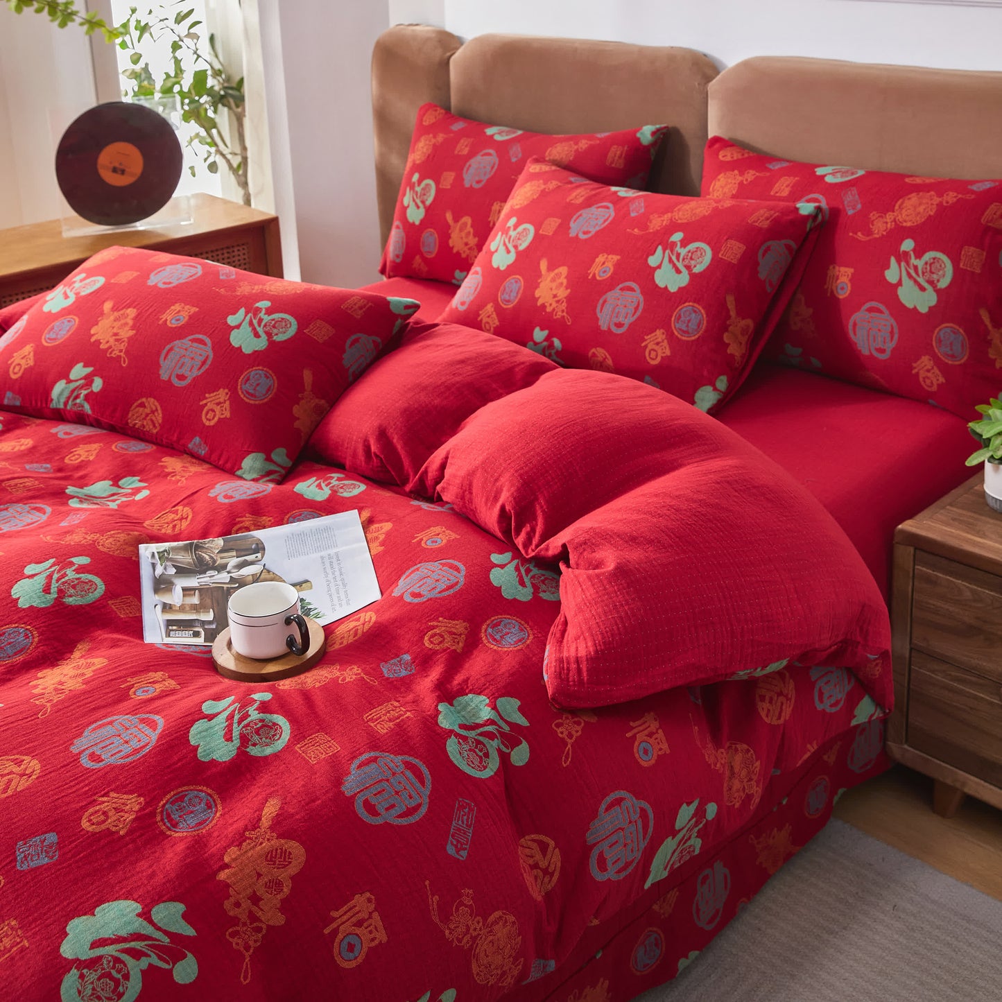 Parure de lit en gaze de coton avec caractères chinois (4 pièces)
