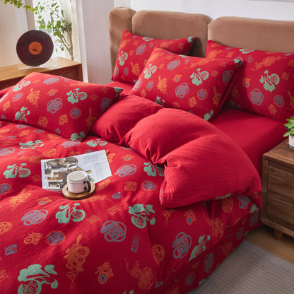 Parure de lit en gaze de coton avec caractères chinois (4 pièces)