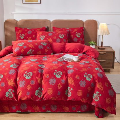 Parure de lit en gaze de coton avec caractères chinois (4 pièces)