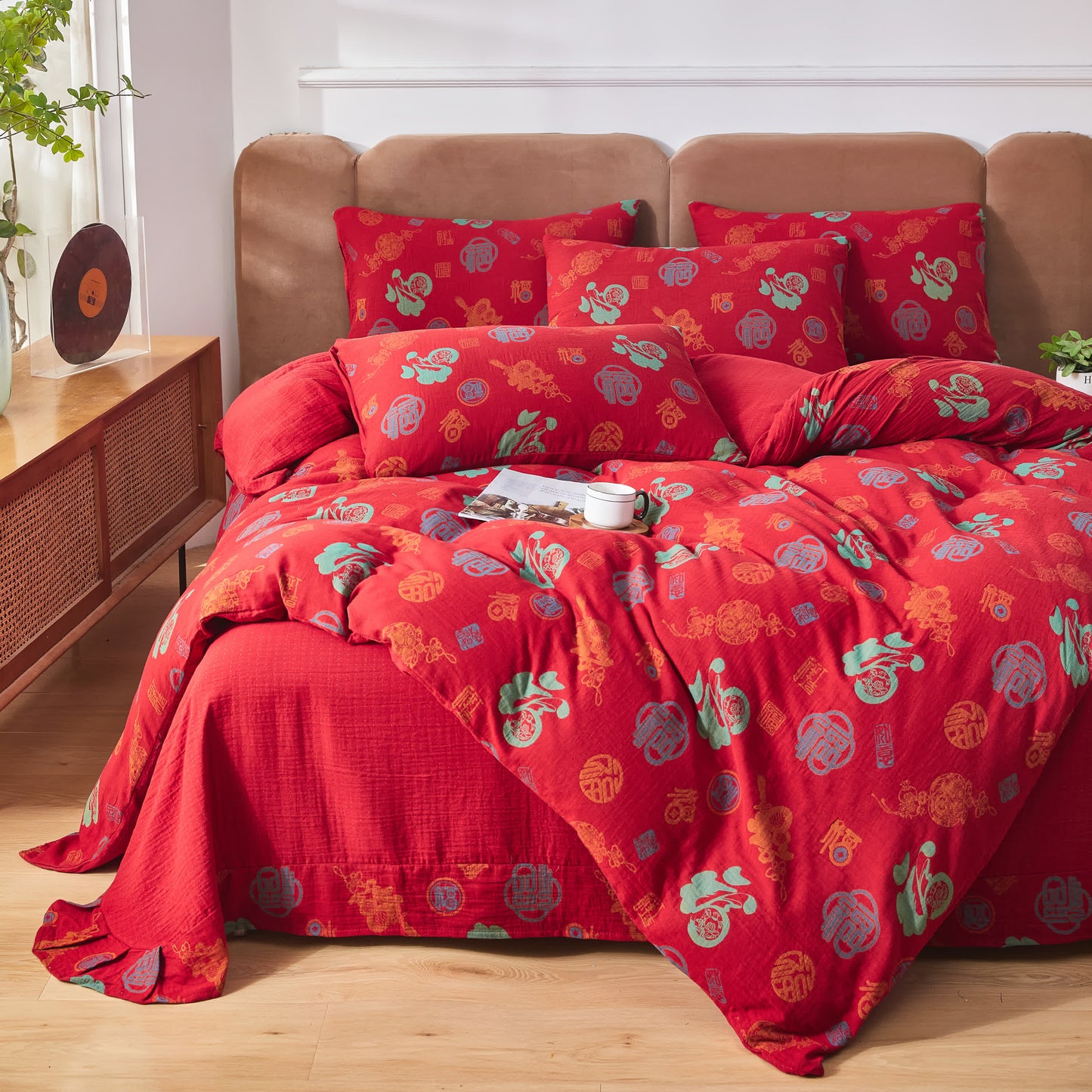Parure de lit en gaze de coton avec caractères chinois (4 pièces)