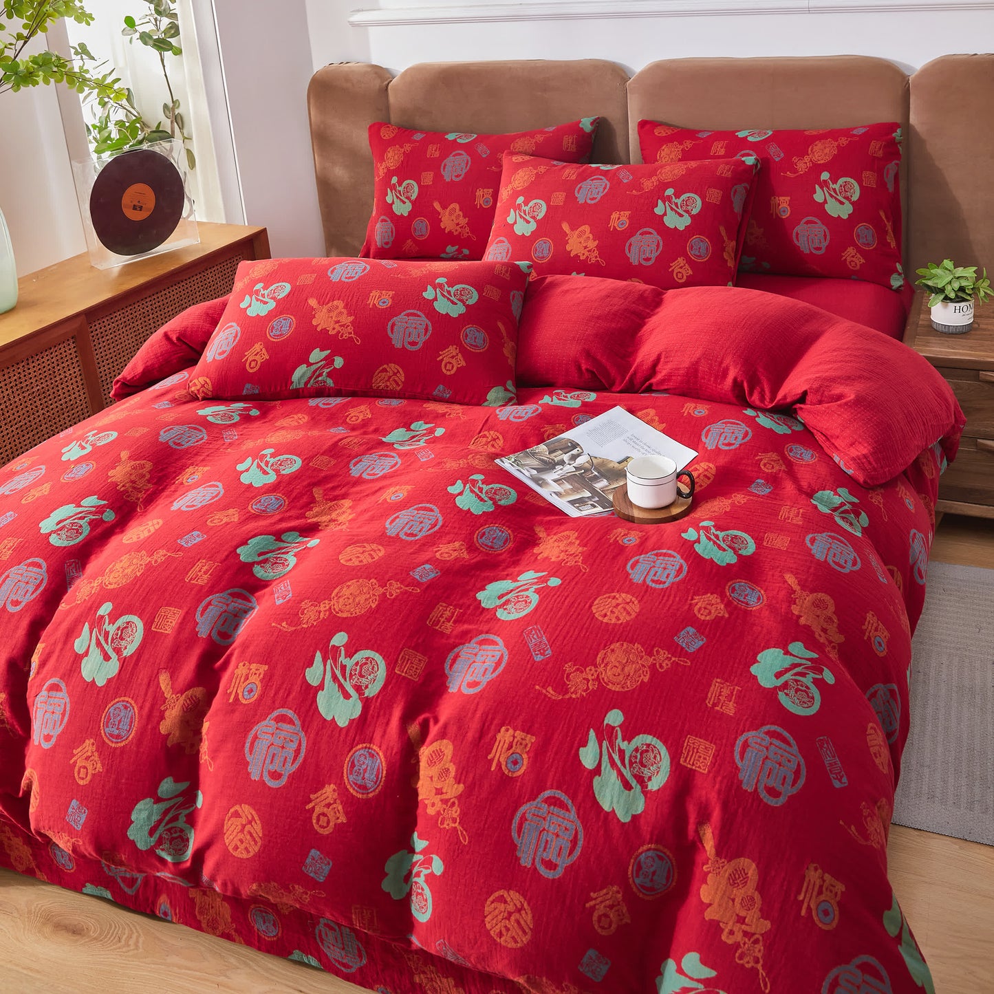 Parure de lit en gaze de coton avec caractères chinois (4 pièces)