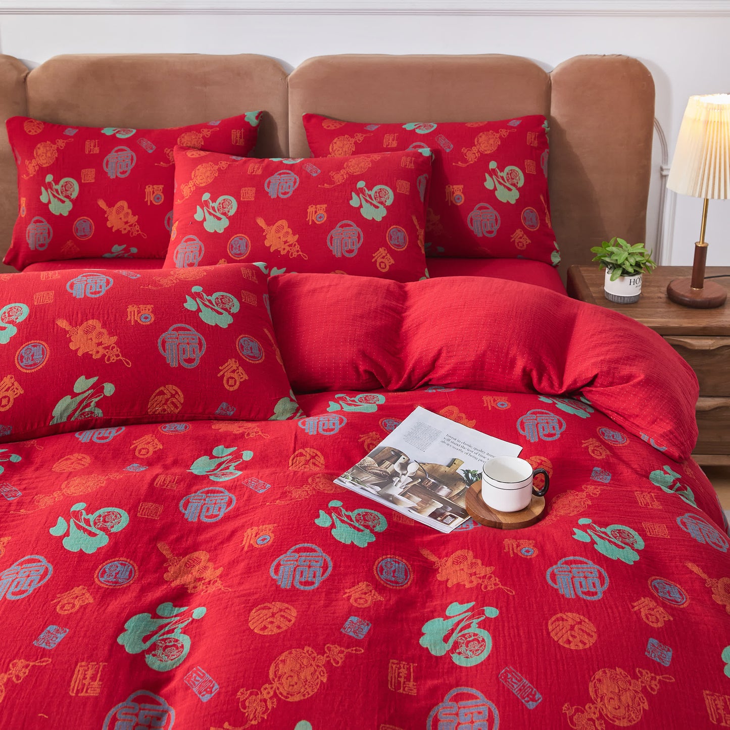 Parure de lit en gaze de coton avec caractères chinois (4 pièces)