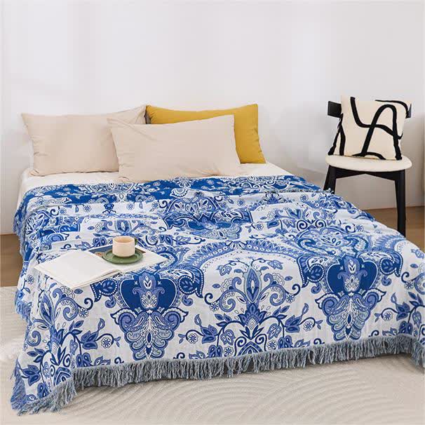Couette légère en coton avec motif cachemire rétro et pompons